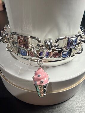 Silver-Plated Bracelet with Pink Ice Cream Charm and Multicolor Crystals